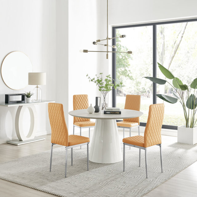 Edzard Statement Round Dining Table Set in Luxury Beige Stone Effect & 4 Faux Leather Dining Chairs