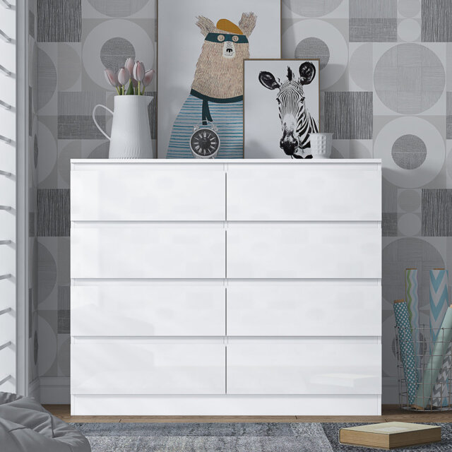 Warren 8 Drawer Chest Of Drawers: 110cm Wide. 14cm Deep Drawers. 4 + 4 Configuration. High Gloss Front. Scratch Resistant. Modern No Handle Design.