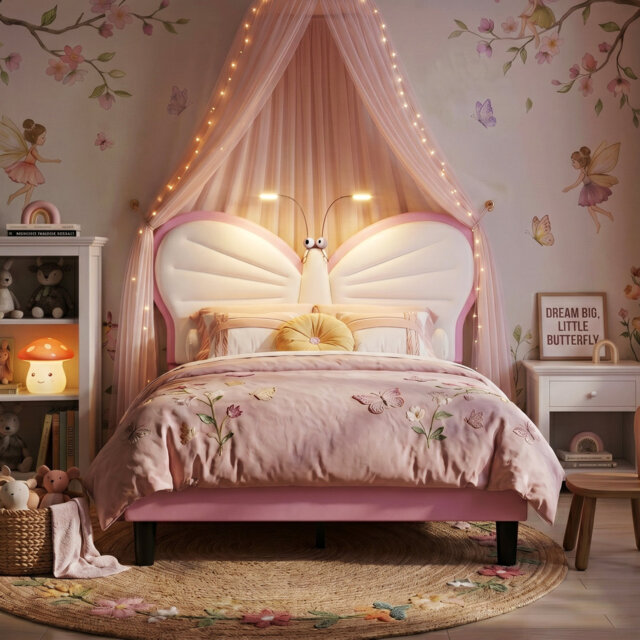 EU & UK Single Children's Butterfly Upholstered Bed with Reading Lights, Height-Adjustable Velvet & PU Headboard, Pink/Blue, 90x190/200cm