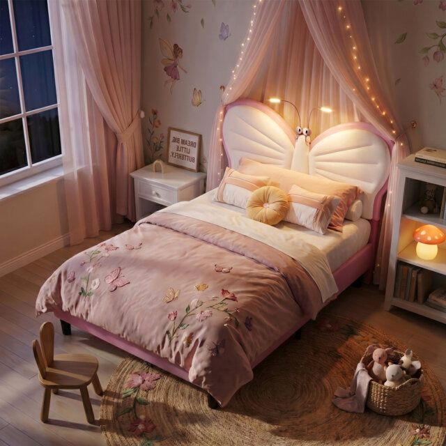 EU & UK Single Children's Butterfly Upholstered Bed with Reading Lights, Height-Adjustable Velvet & PU Headboard, Pink/Blue, 90x190/200cm