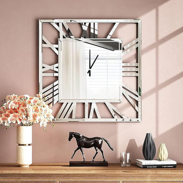 Full Mirrored Square Wall Clock Large Roman Numeral Clock Silver Finish Modern Home Decorative Mount (60x60cm)