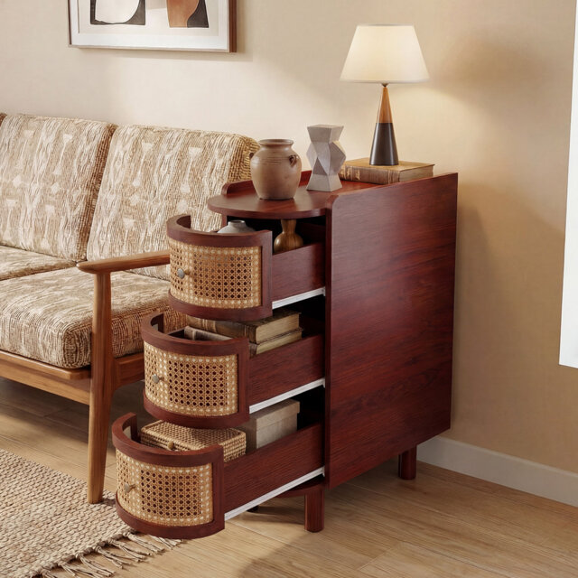 Curved Side Table With 3 Rattan Drawers, Solid Wood Slim End Table With Round Metal Handles, Narrow Bedside Table Nightstand For Living Room Bedroom,
