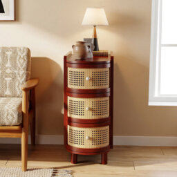 Curved Side Table With 3 Rattan Drawers, Solid Wood Slim End Table With Round Metal Handles, Narrow Bedside Table Nightstand For Living Room Bedroom,