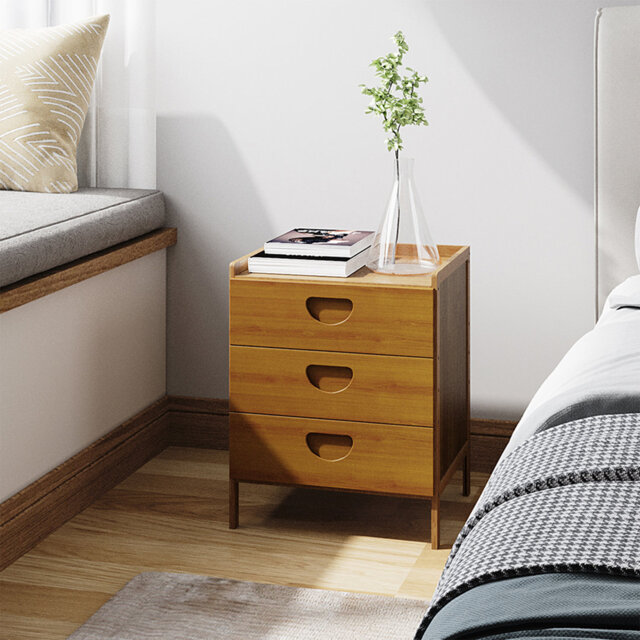 3-Drawer Bamboo Nightstand, Tea Tone Wooden Bedside Storage Cabinet