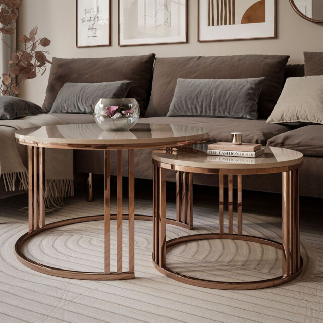 LORI 2-in-1 Coffee Table Set â High-Gloss Top and Copper Base