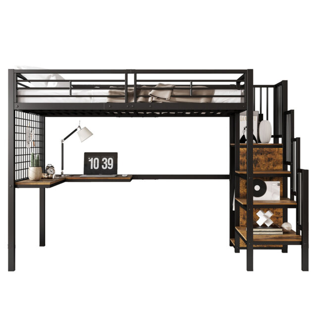 Loft Bed Frame with Storage Included with Built-in Ladder Included with Desk Included