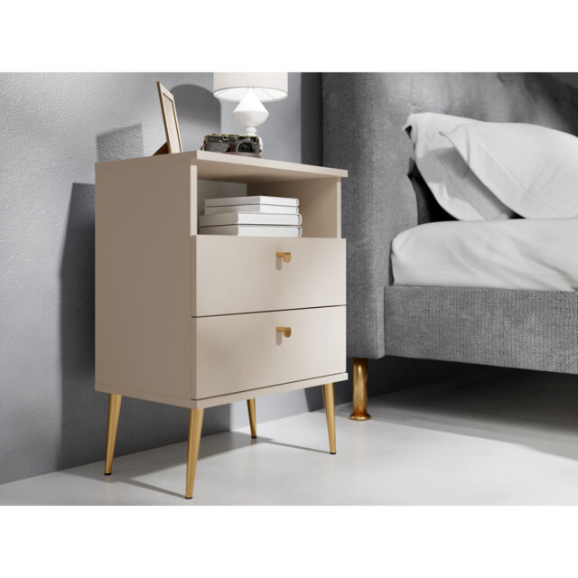 Abbegayle bedside table with a drawer, golden handles and feet
