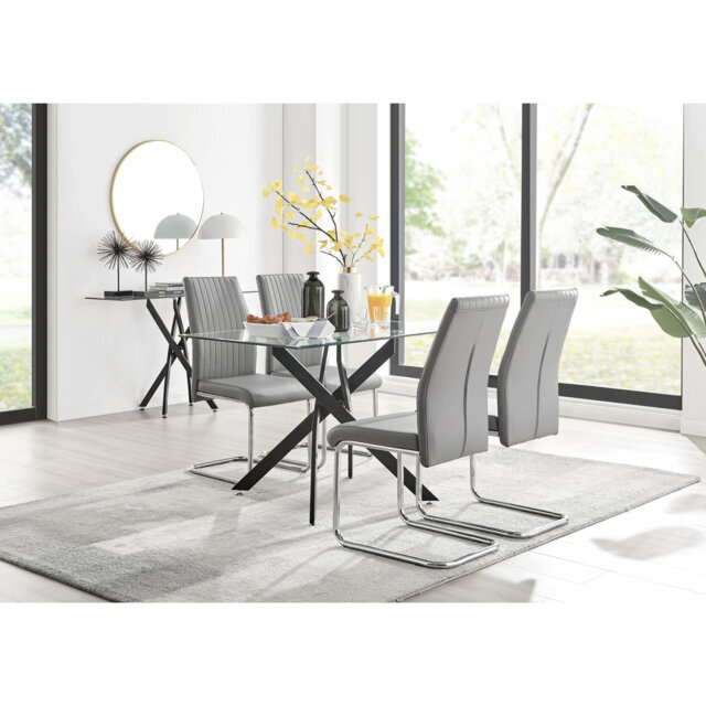 Lenworth Black Metal and Glass Rectangular Dining Table Set with 4 Upholstered Faux Leather Chairs