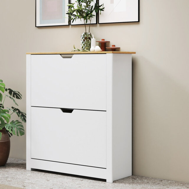 Shoe Cabinet White Narrow Flip Drawers Adjustable Shelves Storage Cabinet