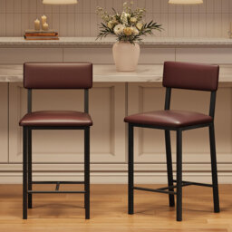 Set of 2 PU Leather Counter Height Bar Stools with Ergonomic Backrest & Footrest – Heavy-Duty 400lbs Metal Frame , Brown Leather