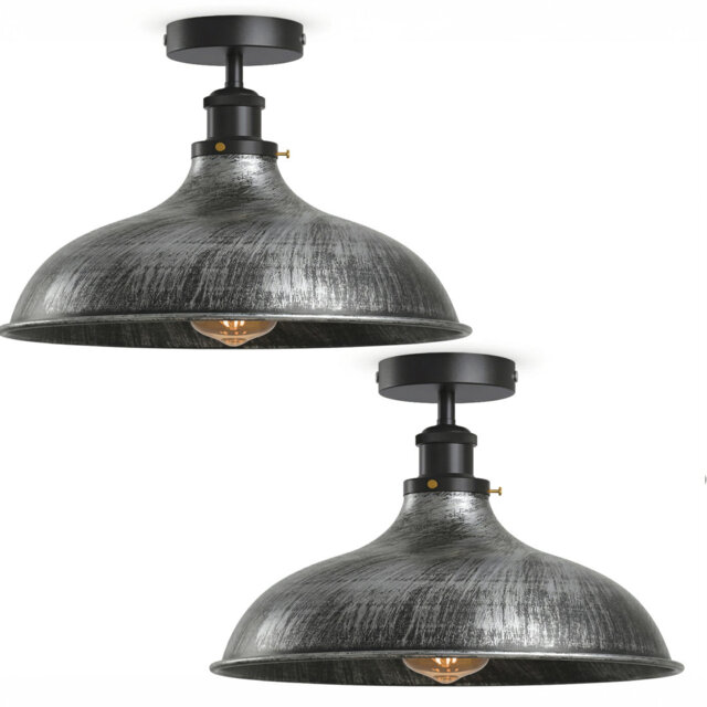 2 Pack Industrial Ceiling Light E27 Flush Mount 36cm Brushed Silver Lampshade Metal for Living Room Bedroom Porch Café with Bulb