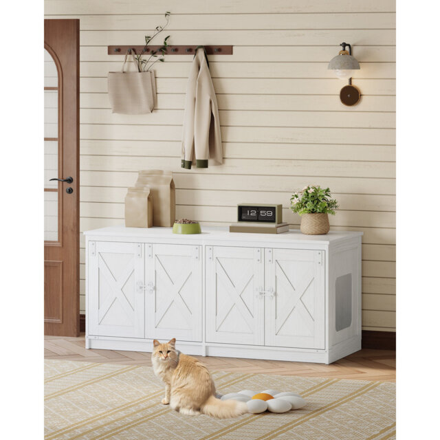 Cat Litter Box Enclosure for 2 Cats, Hidden Litter Box Furniture Cabinet, Indoor Cat House, Farmhouse Style, 119 x 48 x 53.5 cm