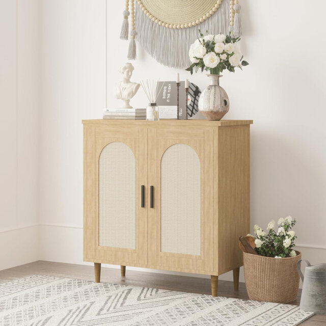 Rattan Sideboard Cabinet with Adjustable Shelves & Solid Wood Legs