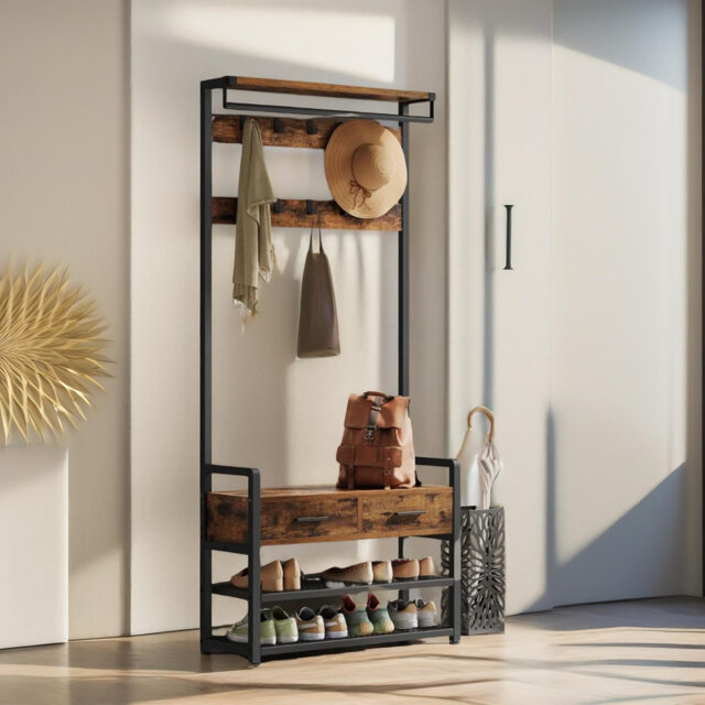 Industrial Hall Tree 80.4cm Wide Coat Rack Shoe Storage Bench