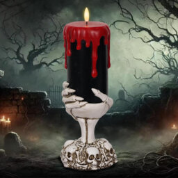 Black Halloween Flameless Candles with 6H Timer - Battery-Operated LED Pillar Candles, Skull Hand Holder, Horror Dripping Wax Decor, Indoor Centerpiec