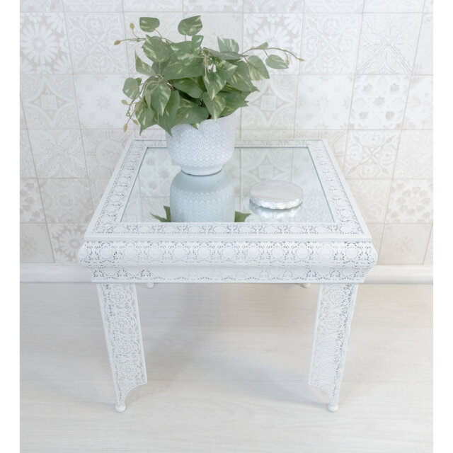 Carlyse Embossed Metal & Glass Moroccan Style Side Table