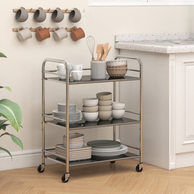 3 Tier Kitchen Storage Trolley with Adjustable Shelf 60*35*77 cm Stainless Steel 1 Piece Utility Trolley Silver Adjustable Shelves