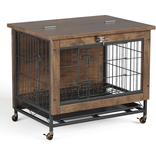 Bite-Resistant Dog Crate Furniture, Wooden Metal Kennel with Wheels, Rustic Brown