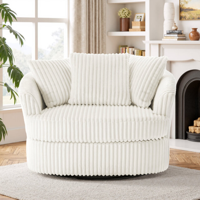 Ultra Plush Faux Rabbit Fur Oversized Swivel Barrel Chair with Three Pillows