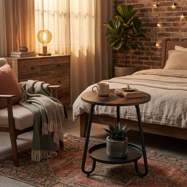 Industrial 2-Tier Round Coffee Table with Metal Tray