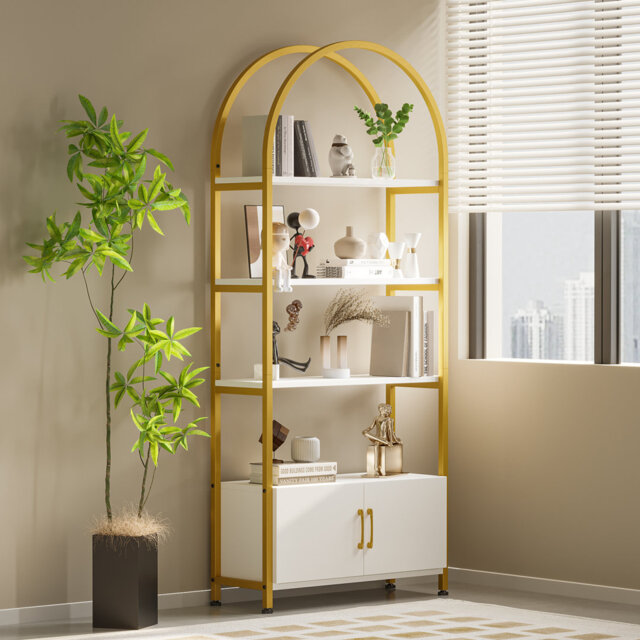 Bookshelf, Tall Bookcase with Cabinet Wood and Metal Bookshelves Floorstanding Storage Shelving Unit Industrial Display Cabinet for Bedroom, Living Ro