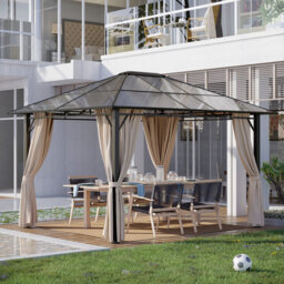 3.6 X 3m Brown Hardtop Gazebo, Polycarbonate Sloped Roof Garden Pavilion, Steel Frame With Removable Curtains For Patio Lawn Poolside Outdoor Gatherin