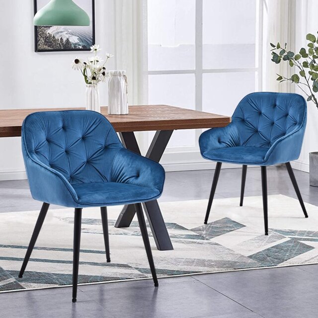 Set Of 2 Blue Velvet Armchairs,dining Chairs With Diamond Tufted, Crossed Legs