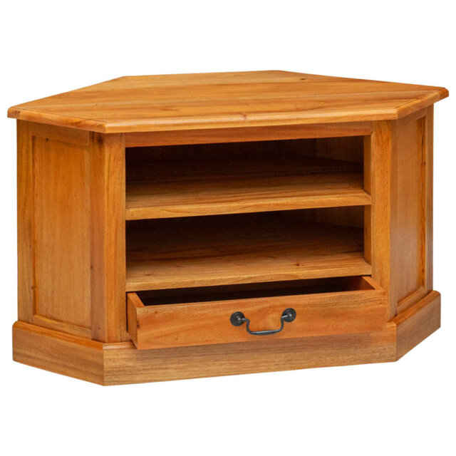 Corner Tv Cabinet With Drawer Brown Solid Mahogany Wood Stand Elegant