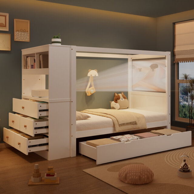 Wooden Bed With Guard Rails And Storage – Wooden Frame With 5-Drawer Cabinet And Pull-Out Drawer, 90 X 200Cm