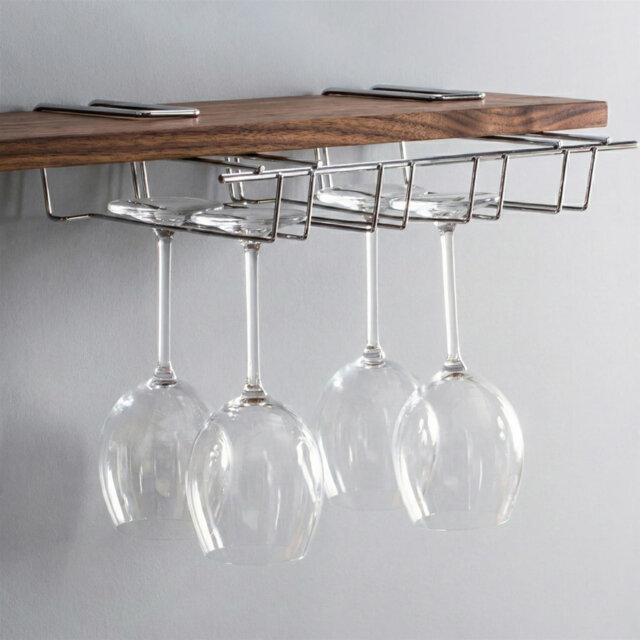 Under Cabinet Wine Glass Rack - Stainless Steel Hanging Storage Organiser for up to 12 Stemware - No Drill Under Shelf Wine Glass Holder & Hanger for