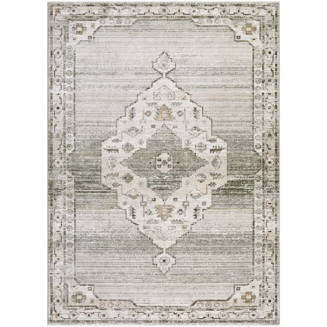 Fifth Avenue-Vintage Grey Off-White Green Traditional Boho Fringe Living Dining Bedroom Rug