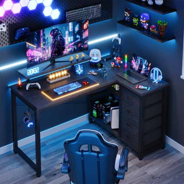 L-shaped Computer Desk with Power Outlet, Gaming Desk with Monitor Stand and Drawer