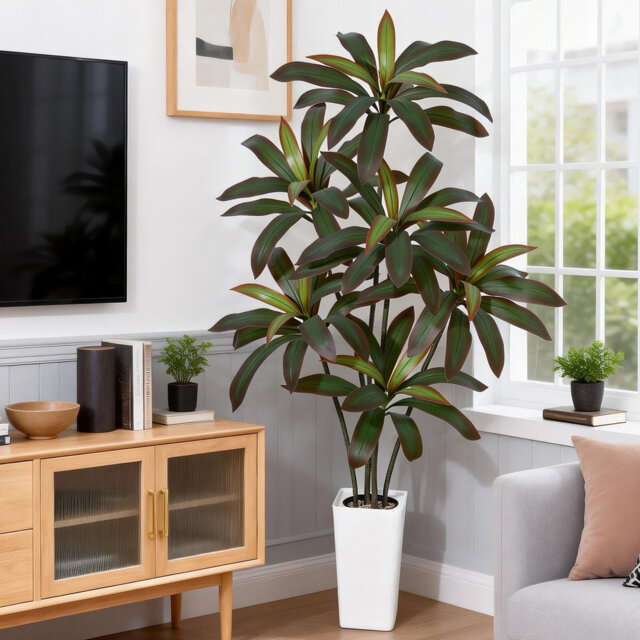 Artificial Dracaena Plant Indoor Fake Tree with White Tall Planter - Faux Yucca Tall Fake Floor Plant in Pot - Artificial Trees for Home Office Living