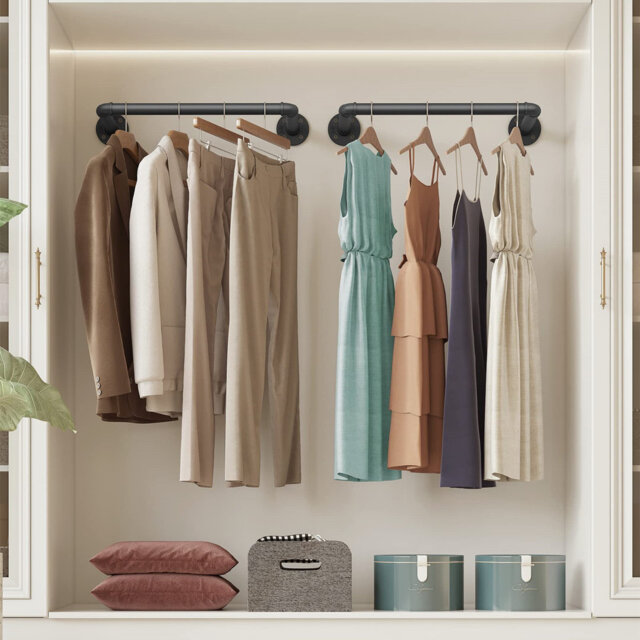 Industrial Pipe Clothes Rack, 49cm Wall Mounted Retro Metal Garment Storage Rail with Double Base
