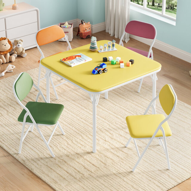 Collapsible Kids Table and Chairs Set – Upholstered PU Leather, Metal Frame, Lightweight and Durable, Soft Padded Seats – 5-Piece Activity Furniture f