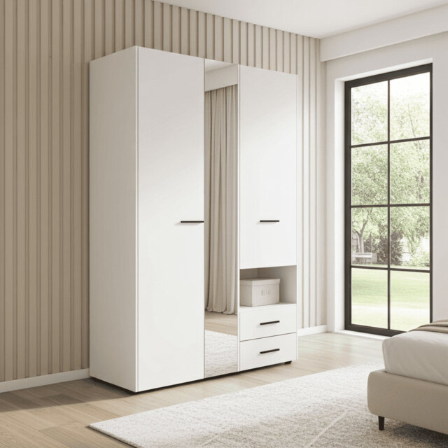 Rylora White 3-door Wardrobe With Shelving & Drawers Stylish Wardrobe Storage Solution With Hanging Rails