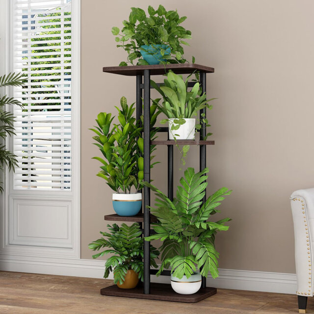 Plant Stand Indoor Outdoor, 4 Tier Corner Tall Outdoor Plant Shelf for 5 Potted Plants, Tall Metal & Wood Multi-Tier Plant Shelf Rack, Heavy Duty Flow