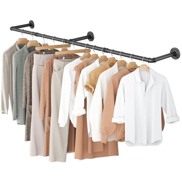 Industrial Pipe Wall Mounted Clothes Rail, Heavy Duty Metal Clothing Rack with 3 Bases