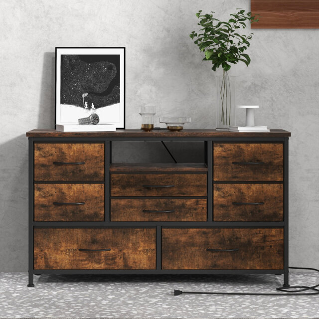 Rustic Black Farmhouse TV Stand for 140cm TVs, 8âDrawer Media Console with 22 LED Light Modes & Power Outlet for Living Room Bedroom Entryway