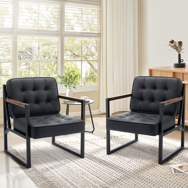 Modern Faux Leather Tufted Back Accent Chair with Metal Farme