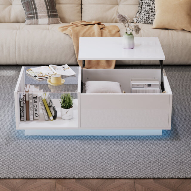 Lift-Top Coffee Table With Led Lights - High-Gloss White, Hydraulic Lift, 30Kg Capacity