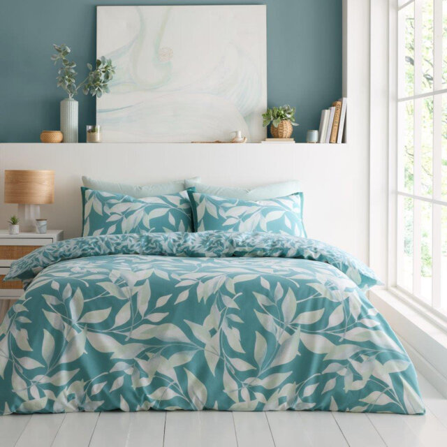 Botanical Polycotton Duvet Cover Set with Pillowcases - Breathable Fabric Soft Leaf Print Bedding in Single Double King