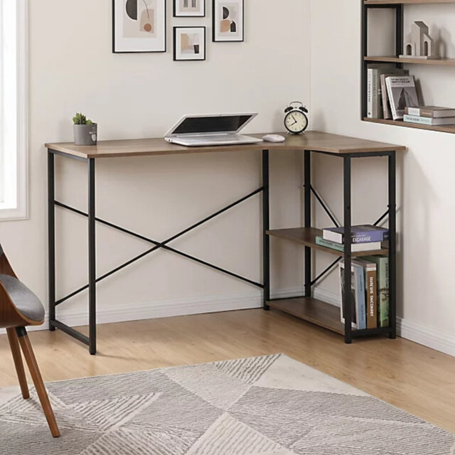 L Shaped Corner Desk, Computer Gaming Desk with Storage, Reversible Height-Adjustable Shelves, for Home Office, 120 x 80 cm, oak