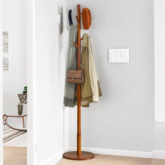 Aylla Hook Adjustable Height Wooden Coat Stand Hat Rack Entryway Hallway Furniture