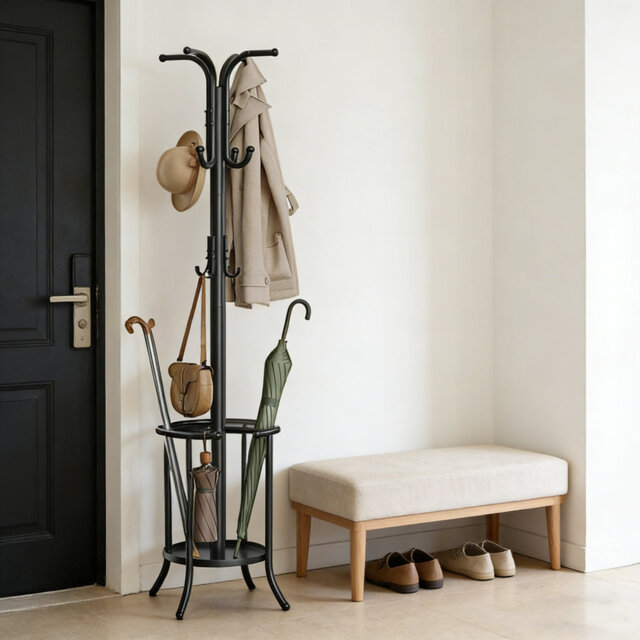 Freestanding Coat Rack With Umbrella Holder, Metal Stand With 12 Hooks, For Entryway