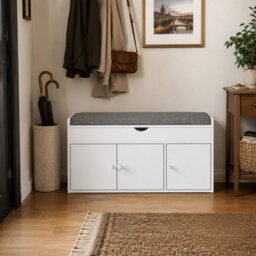 100cm Entryway Shoe Bench with Linen Cushion - Hidden Storage & 2-Tier Rack - White