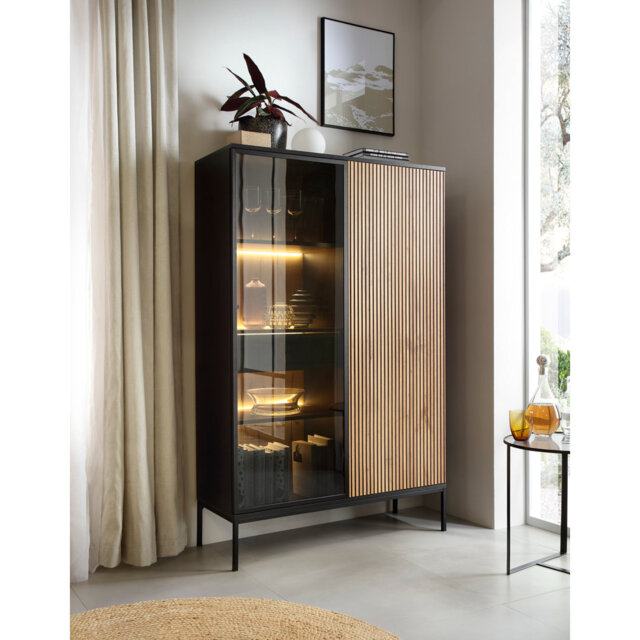 Tosena Tall 2 Doors, Drawer, 104 cm, Black/Wotan Oak Standard China Cabinet with Lighting