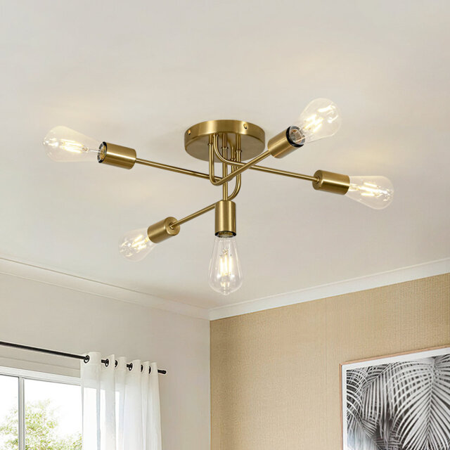 5-Light Sputnik Brass Swirl Linear Semi-Flush Mount Light