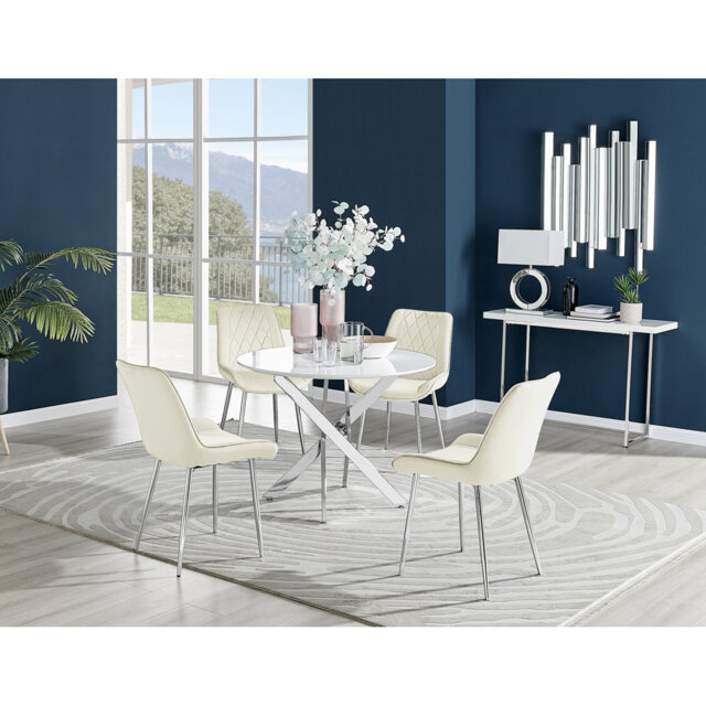 Tierra Modern Chrome Metal & Glass Round Dining Table Set with 4 Luxury Velvet Dining Chairs