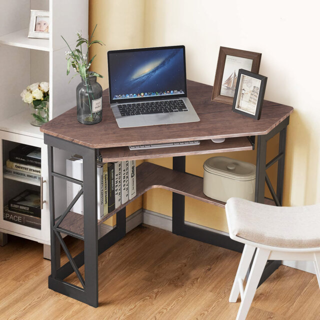 Lambrecht Corner Computer Desk with Smooth Keyboard and Storage Shelves, Farmhouse Triangle Computer Desk for Home Office, Living Room, Bedroom and Sm